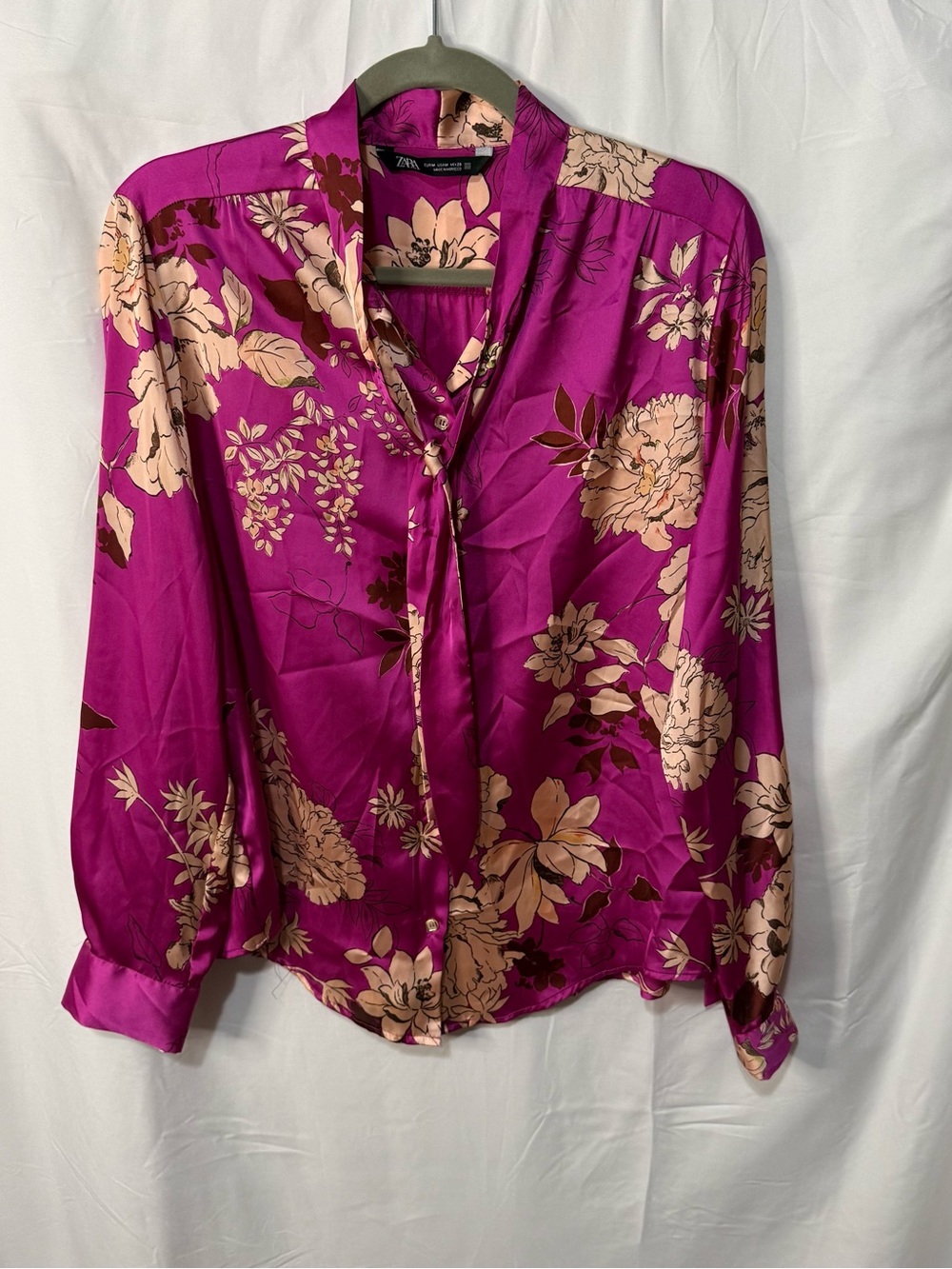 Zara Magenta Floral Tie-Neck Satin Blouse
